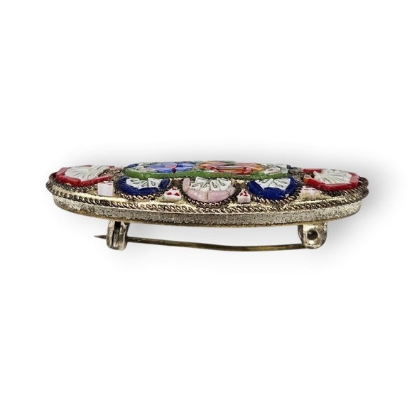 Vintage Mosaic Flower Brooch RM Italy Multicolor Colorful Italian Oval 1.5\